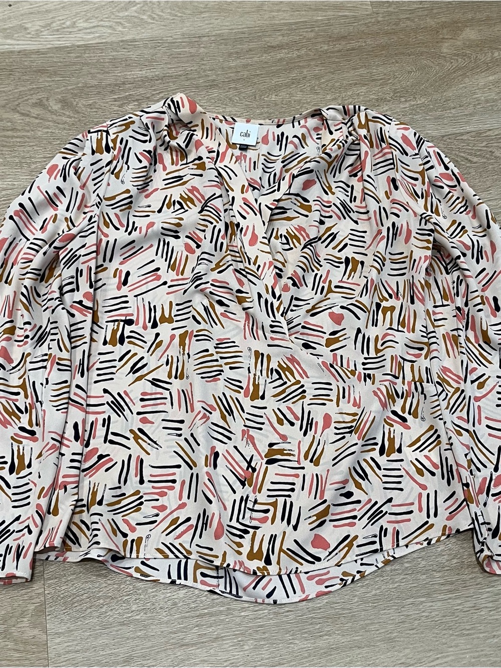 CAbi Pink, Black & Gold Abstract V-Neck Long blouse